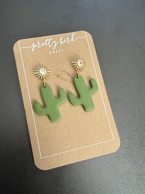 Pretty Bird Olive Green Cactus Earrings with Gold Sunburst